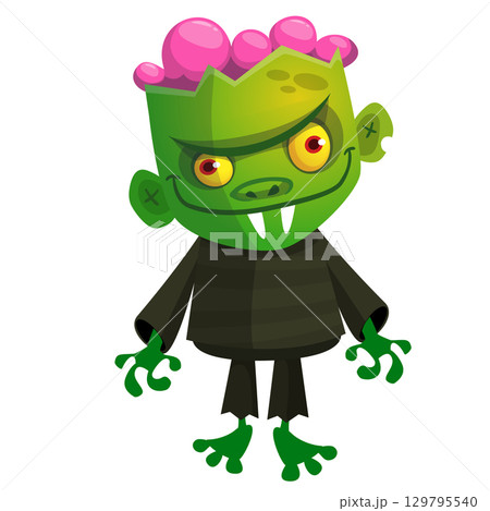 Cartoon funny green zombie. Halloween vector illustration of zombie creature. 129795540