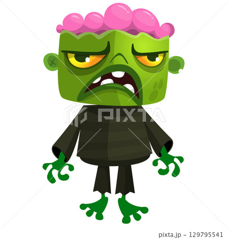 Cartoon funny green zombie. Halloween vector illustration of zombie creature. 129795541