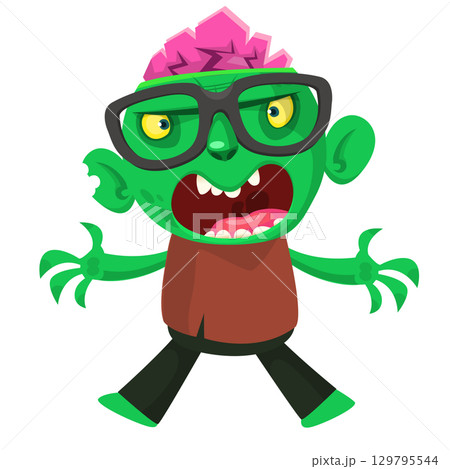 Cartoon funny green zombie. Halloween vector illustration of zombie creature. Cartoon funny green zombie. Halloween vector illustration of zombie creature. 129795544