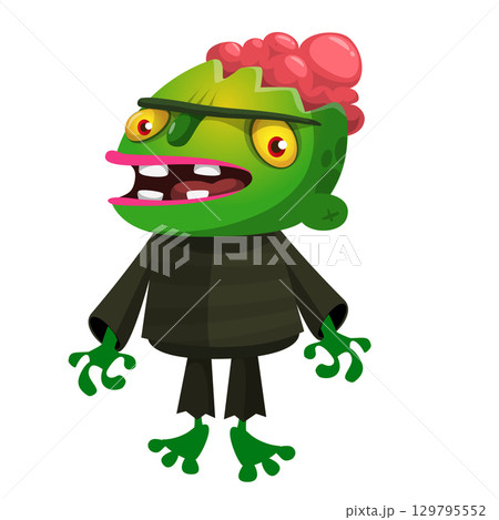Cartoon funny green zombie. Halloween vector illustration of zombie creature. 129795552