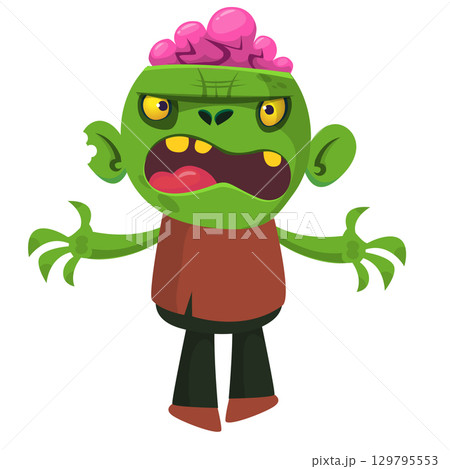 Cartoon funny green zombie. Halloween vector illustration of zombie creature. 129795553