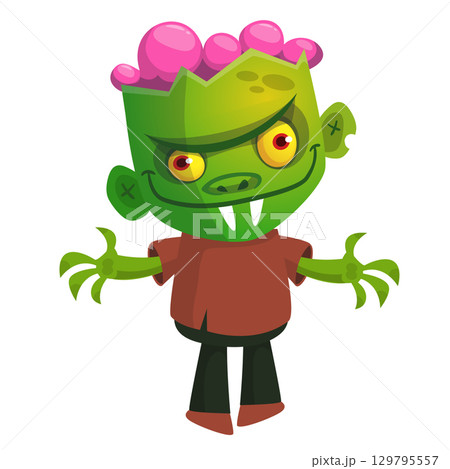 Cartoon funny green zombie. Halloween vector illustration of zombie creature. Cartoon funny green zombie. Halloween vector illustration of zombie creature. 129795557