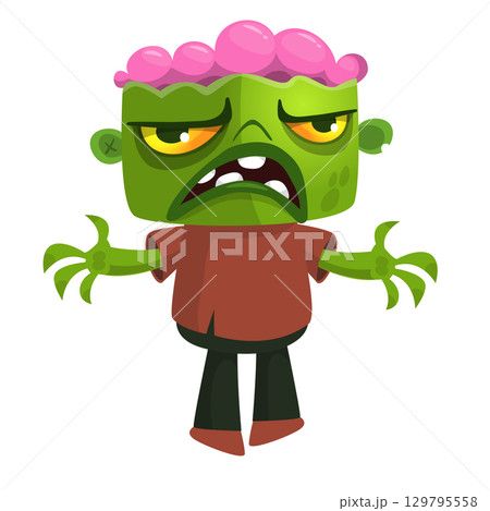 Cartoon funny green zombie. Halloween vector illustration of zombie creature. 129795558