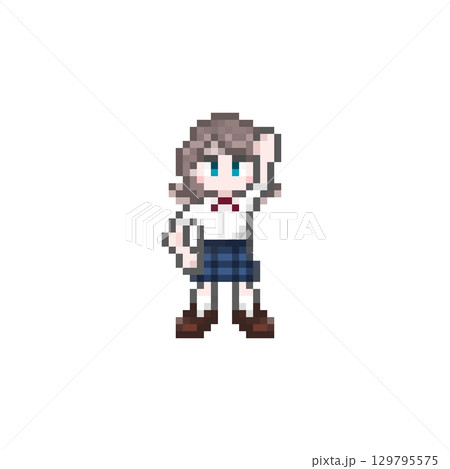 ドット絵のガッツポーズをする女子学生:夏服 ドット絵のガッツポーズをする女子学生:夏服 129795575