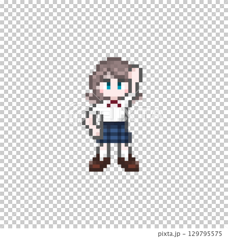 ドット絵のガッツポーズをする女子学生:夏服 ドット絵のガッツポーズをする女子学生:夏服 129795575