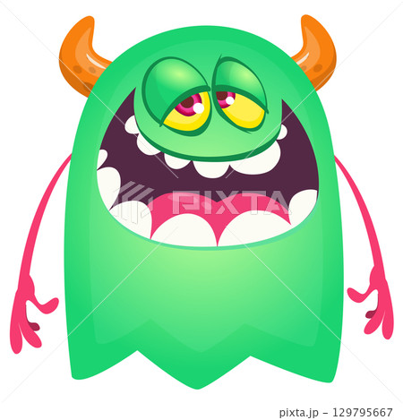 Cartoon ghost with funny excited face expression waving hands . Vector illustration isolated on white. Halloween design Cartoon ghost with funny excited face expression waving hands . Vector illustration isolated on white. Halloween design 129795667