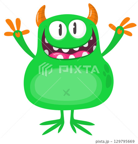 Cartoon happy green monster with funny excited face expression waving hands . Vector illustration isolated on white. Halloween design 129795669