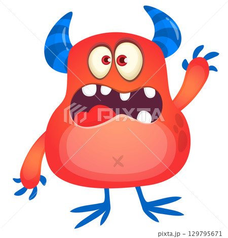 Cartoon cute monster with funny excited face expression waving hands . Vector illustration isolated on white. Halloween design 129795671