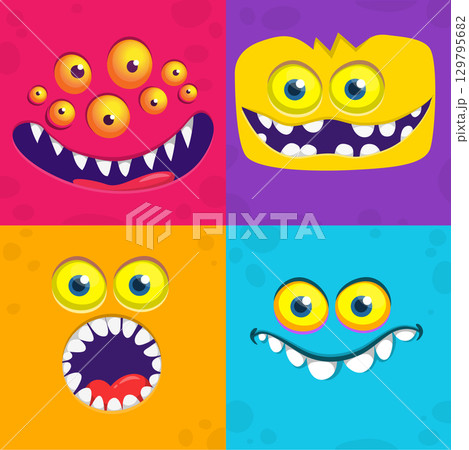 Funny cartoon monster faces. Illustration of alien different expression. Halloween design 129795682
