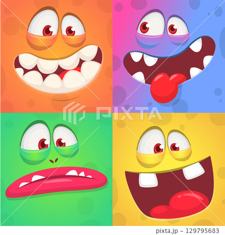 Cartoon monsters and aliens faces set with funny expressions and opened mouth blank space for text . Great for package design or party decoration. Vector isolated 129795683