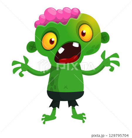 Cartoon funny green zombie. Halloween vector illustration of zombie creature. 129795704