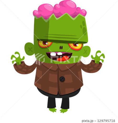 Cartoon funny green zombie. Halloween vector illustration of zombie creature. Cartoon funny green zombie. Halloween vector illustration of zombie creature. 129795718