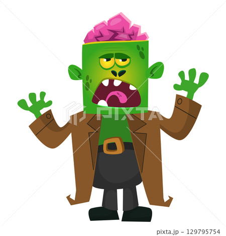 Cartoon funny green zombie. Halloween vector illustration of zombie creature. Cartoon funny green zombie. Halloween vector illustration of zombie creature. 129795754