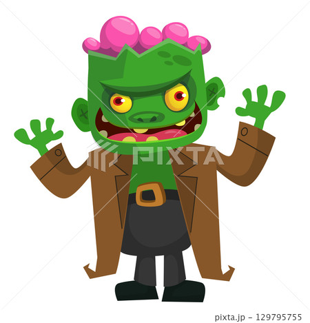Cartoon funny green zombie. Halloween vector illustration of zombie creature. Cartoon funny green zombie. Halloween vector illustration of zombie creature. 129795755