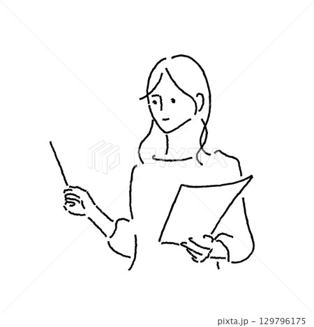 プレゼンや講義をする女性の線画イラスト 129796175