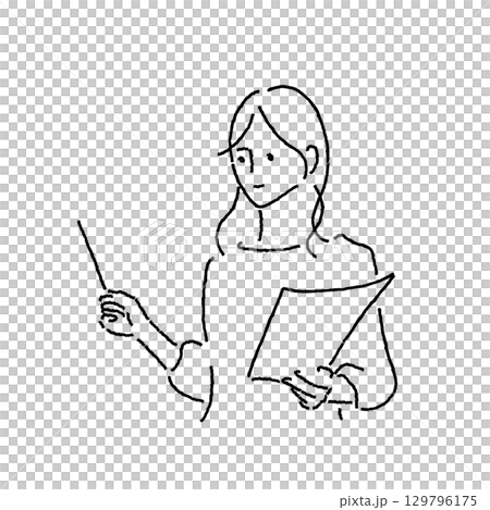 プレゼンや講義をする女性の線画イラスト 129796175