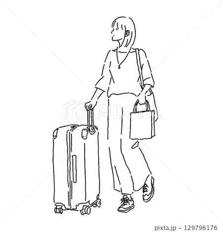 スーツケースを持って歩く女性の線画イラスト スーツケースを持って歩く女性の線画イラスト 129796176