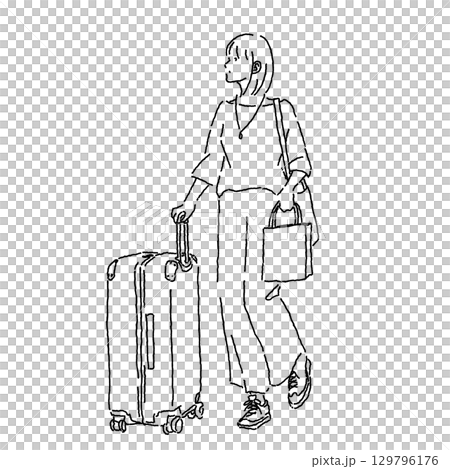一位提著行李箱走路的女人的線條畫插圖 129796176