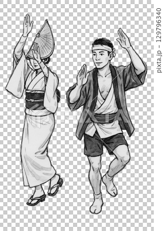 Japanese-style illustration material 2 of men and women dancing the traditional Japanese Awa Odori dance 129796340