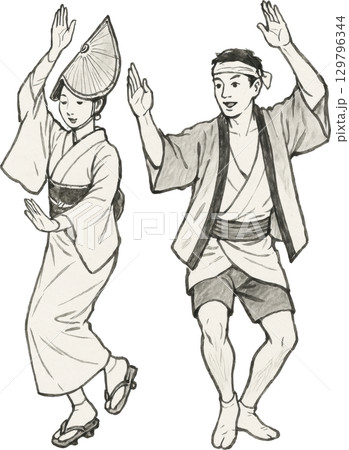 日本伝統の阿波踊りを踊る男女の和風イラスト素材 129796344