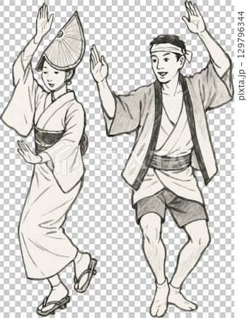 日本伝統の阿波踊りを踊る男女の和風イラスト素材 129796344