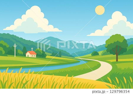 夏の田園風景と稲穂のイラスト 129796354