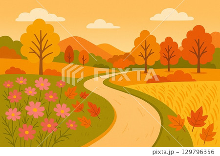 秋の田園風景と紅葉のイラスト 秋の田園風景と紅葉のイラスト 129796356
