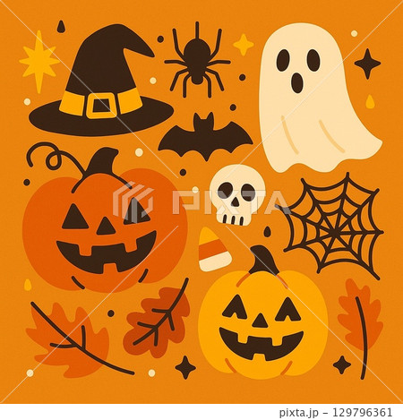 ハロウィンのお化けとかぼちゃのフラットイラスト ハロウィンのお化けとかぼちゃのフラットイラスト 129796361