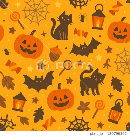 ハロウィンの黒猫とかぼちゃのパターンイラスト 129796362