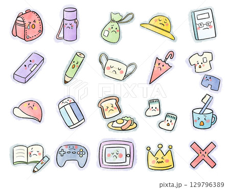 悲しい顔の学校アイコンセット/ Cute School Icons with Sad Face 129796389