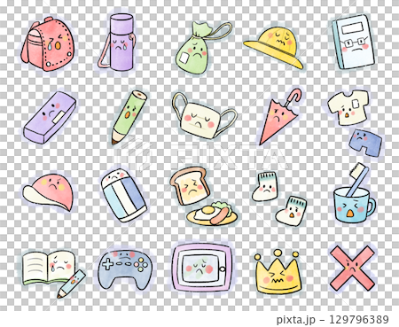 悲しい顔の学校アイコンセット/ Cute School Icons with Sad Face 129796389