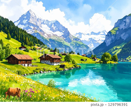 美しい山々に囲まれた湖 129796391