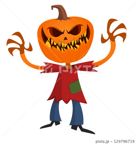 Cartoon funny Halloween pumpkin head face scarecrow expression 129796719
