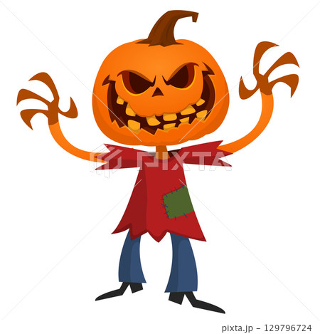 Cartoon funny Halloween pumpkin head face scarecrow expression 129796724