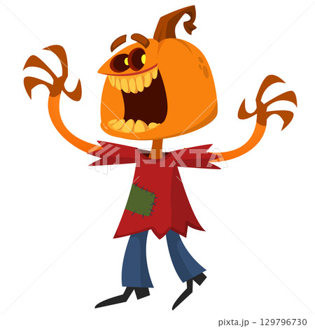 Cartoon funny Halloween pumpkin head face scarecrow expression 129796730