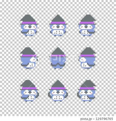 女巫帽和藍色貓頭鷹像素藝術 129796765