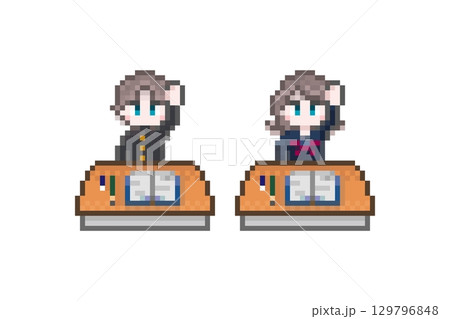 ドット絵の机で手を上げる学生男女：セーラー 学ラン 129796848