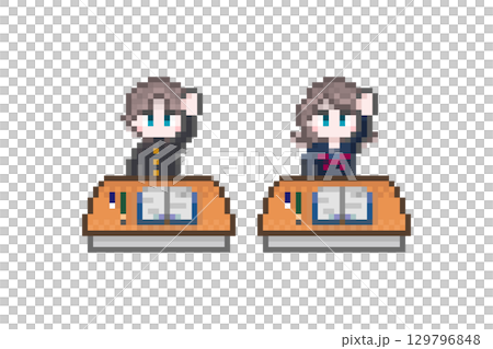在像素藝術課桌前舉手的男女學生:Sailor 和 Gakuran 在像素藝術課桌前舉手的男女學生:Sailor 和 Gakuran 129796848