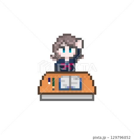 ドット絵の机で手を上げる女子学生：セーラー服 129796852