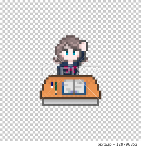 ドット絵の机で手を上げる女子学生：セーラー服 129796852