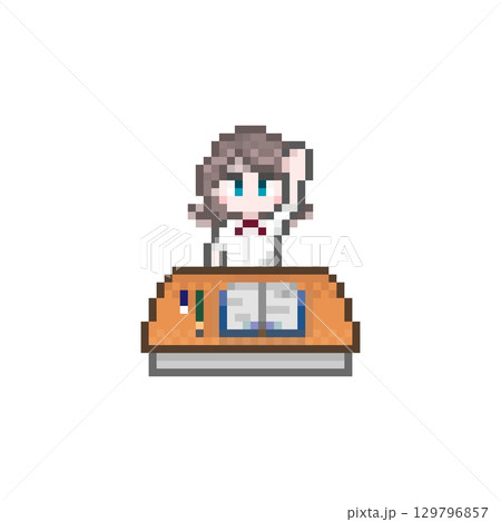 ドット絵の机で手を上げる女子学生:夏服 ドット絵の机で手を上げる女子学生:夏服 129796857