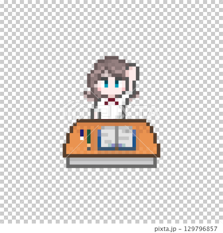 ドット絵の机で手を上げる女子学生:夏服 ドット絵の机で手を上げる女子学生:夏服 129796857