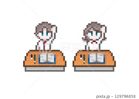 ドット絵の机で手を上げる学生男女：夏服 129796858