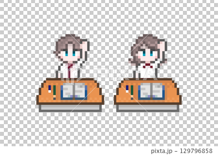 ドット絵の机で手を上げる学生男女：夏服 129796858