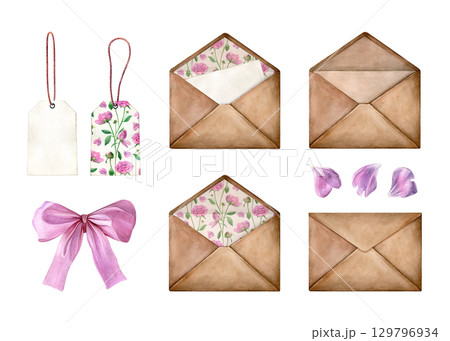 Watercolor set of cute envelopes, gift tags, pink petals and pink bow. Good for postcards, invitations, greeting cards Watercolor set of cute envelopes, gift tags, pink petals and pink bow. Good for postcards, invitations, greeting cards 129796934