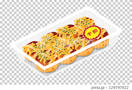 Illustration of takoyaki topped with cheese, seen from above. 8 pieces. Food pack with half-price sticker. 129797022