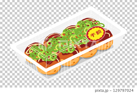 Illustration of takoyaki topped with green onions, seen from above. 8 pieces. Food pack. Half price sticker. Illustration of takoyaki topped with green onions, seen from above. 8 pieces. Food pack. Half price sticker. 129797024