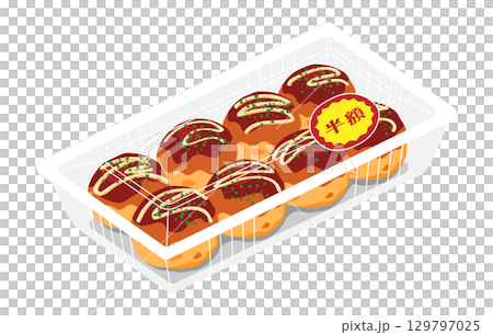 Illustration of takoyaki seen from above, 8 pieces, food pack, half price sticker 129797025