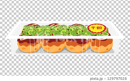 Illustration of takoyaki topped with green onions, seen from the front. 8 pieces. Food pack. Half price sticker. Illustration of takoyaki topped with green onions, seen from the front. 8 pieces. Food pack. Half price sticker. 129797028