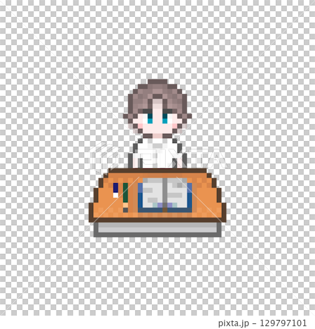 在像素化書桌前學習的男學生：夏裝 129797101